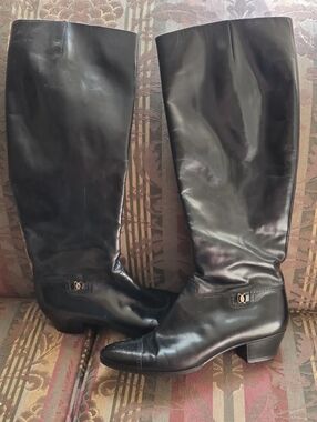 Salvatore Ferragamo Black Leather Knee-High Heeled Riding Boots Fit Like Size 7